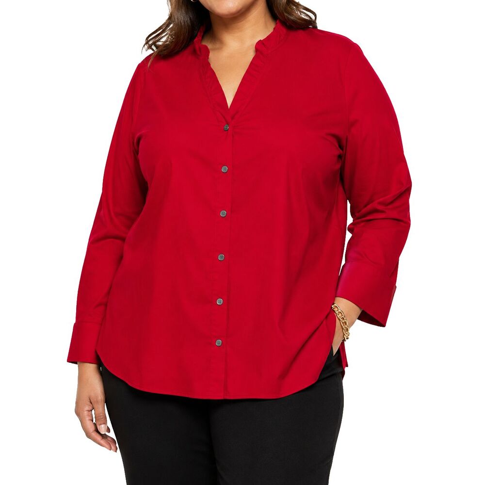 Talbots Womens Shirt 22W Red Cotton Stretch Pleated V Neck Button Up Plus Size